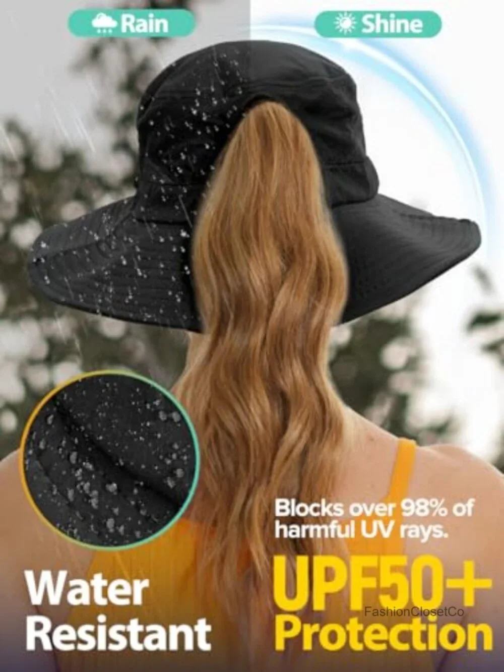 UPF 50+ Waterproof Bucket Hat with Ponytail Hole for Hiking Fishing